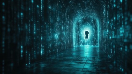 Obraz premium Mysterious Digital Tunnel with Keyhole and Glowing Data Streams