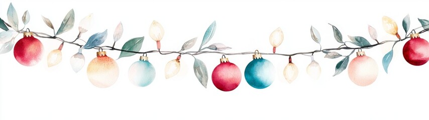 Christmas lights border design, hand-painted watercolor ornaments, multicolor festive garland, ideal for holiday decorations and party invitations, vibrant and cheerful visual appeal