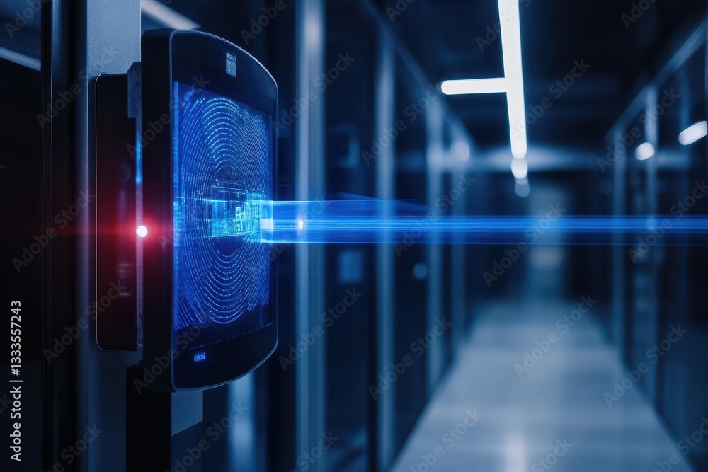 Poster data center security: an eye-level shot highlighting the advanced security and data protection of a 