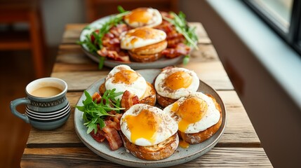 Delicious Eggs Benedict on Brioche Served with Crispy Bacon and Greens (AI Image)