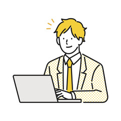 イラスト素材：ノートパソコンを操作するビジネスパーソンの男性