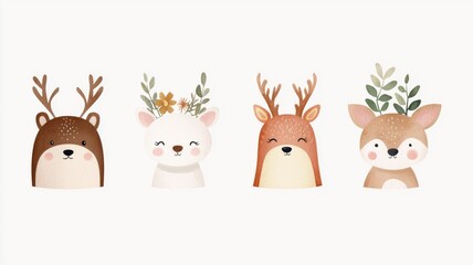 Charming Watercolor Forest Animal Collection, delightful hand-drawn illustrations of cute woodland creatures, featuring a clean white backdrop and minimalist design elements.