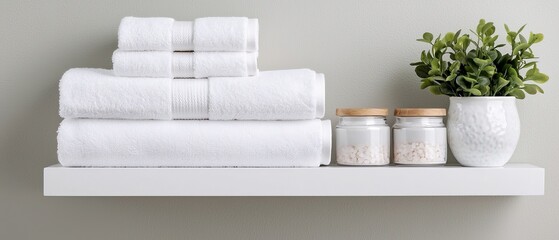 Elegant Bathroom Shelf Display with White Towels, Candles, and Potted Plant