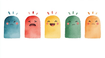 Colorful speed meter sign with five emoticons in vibrant hues, featuring expressions from joyful to confused, hand-drawn watercolor illustration on white background