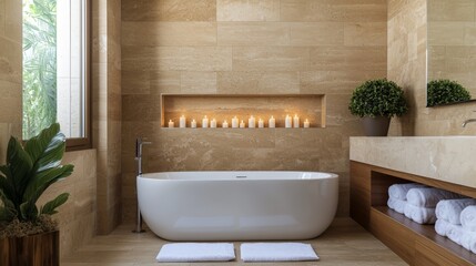 Serene Bathroom Design with Freestanding Bathtub and Candlelit Ambiance