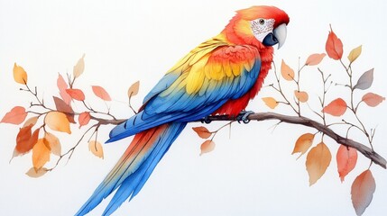 Colorful Hand-Drawn Watercolor Macaw on a Branch with Autumn Leaves