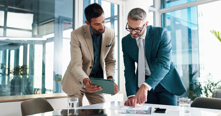 Business, people and meeting on tablet at office of planning, financial documents and company...