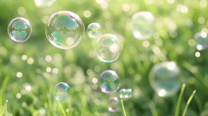 Multicolored Soap Bubbles Floating Over Lush Green Grass in Sunlight