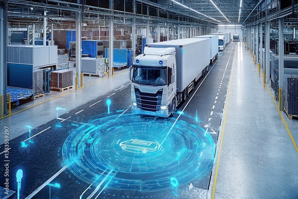 Poster logistics center visualizes vehicle safety analytics with ai in real-time.