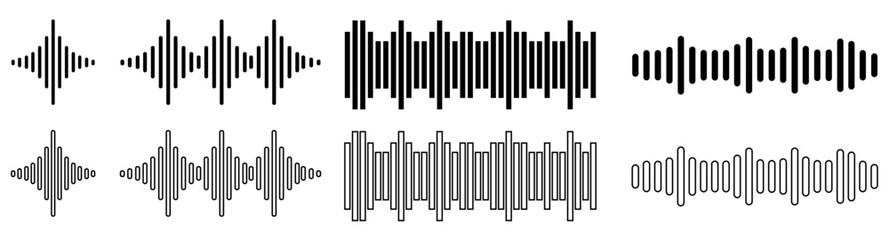 Podcast sound waves and audio soundwave of voice message records, vector icons. Podcast sound waves for online audio streaming and podcasting or music player and mobile phone voice message soundwaves