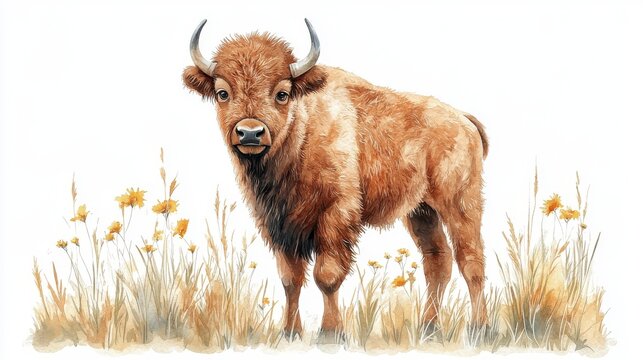 Watercolor Hand-Drawn Baby Bison Standing in a Grass Field Surrounded by Wildflowers
