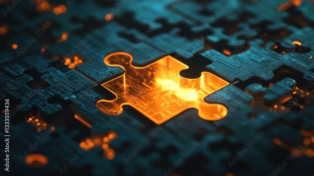 Poster solving the puzzle: a close-up of a jigsaw puzzle piece with golden texture perfectly fits into the 