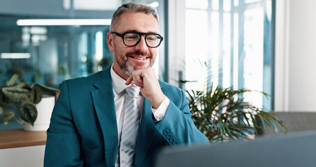 Mature, businessman and happy with laptop in office, financial report and auditing for corporate...