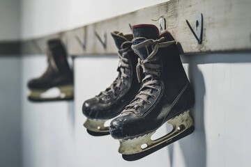 Ice hockey skates hanging on the wall on a nail.