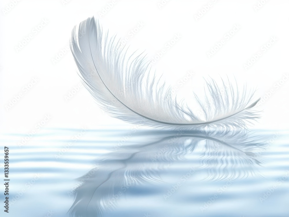 Poster floating feather: a single, pristine white feather gently floats above a water, its delicate details