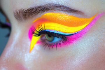 close up of female eye with makeup bright neon pink blue eyeshadow cinematic cosmetics branding beauty brand marketing make-up looking eyebrows eyelashes mascara blush