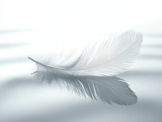 Naklejka premium Feather's Gentle Dance: A lone, pristine white feather floats serenely on a surface that reflects its graceful form, conjuring feelings of delicate beauty and ethereal calm.