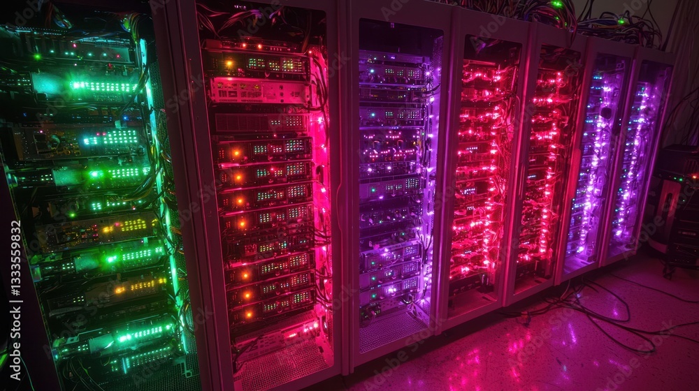 Aufkleber rows of brightly lit computer server racks in a room