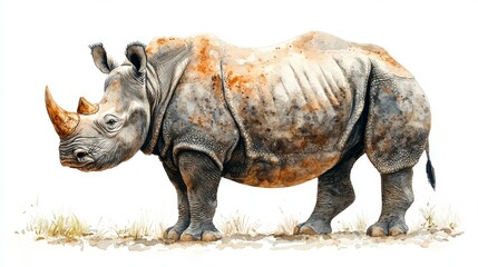 Obraz premium Watercolor Hand-Drawn Rhinoceros Standing on Grass in Natural Habitat Environment