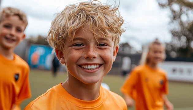In the vibrant embrace of a sun-drenched field, a young soccer player, radiating infectious joy, skillfully navigates the grassy expanse His nimble feet dance with the ball, a mesmerizing display of