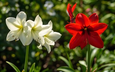 Fototapeta premium Stunning Red and White Amaryllis Flowers Blooming in Garden