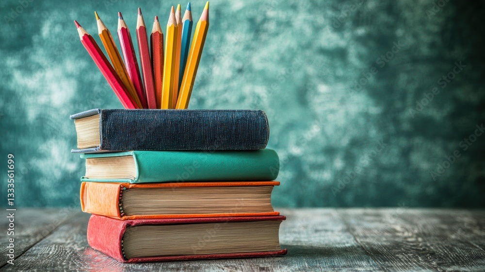 Poster stack of colorful books with pencils in artistic display