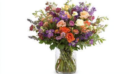 Obraz premium A beautiful wildflower bouquet arranged in a clear glass vase, set against a white background.