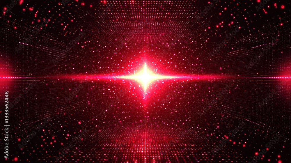 Poster a red luminous point of light radiates in a grid space