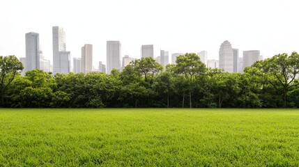 Fototapeta premium Lush Green Field Overlooking Modern City Skyline in Clear Weather