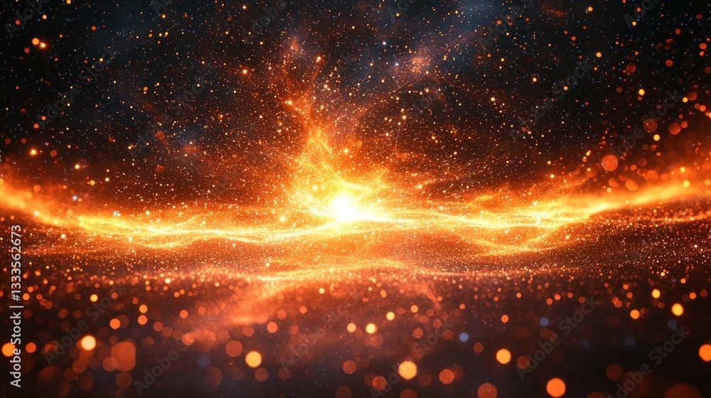 Poster a celestial display of orange and yellow particles in space