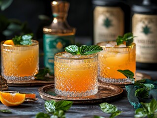 Indulge in the refreshing allure of chilled fruit tea with orange juice, served with an elegant gold-rimmed glass This vibrant beverage, perfect for summer afternoons, combines the subtle flavors of