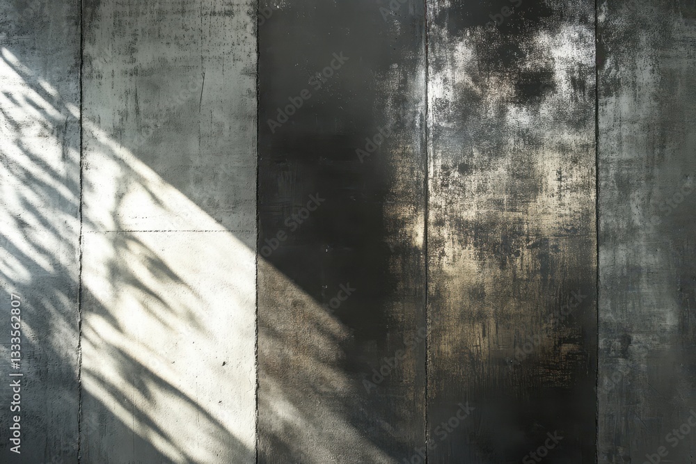 Poster shadows on concrete: abstract patterns of light and shadow dance across a textured concrete surface,