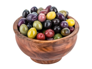 Isolated Assortment of Marinated Olives in Dark Wood Bowl