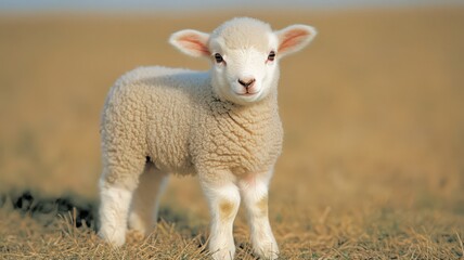 Obraz premium Adorable Fluffy Lamb in a Golden Field