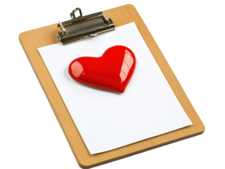 Isolated Red Heart on White Paper on Wooden Clipboard