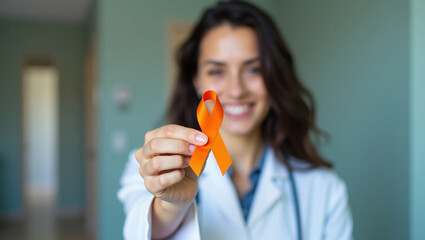 Doctor Holding Orange Ribbon. Symbol of Health Awareness.