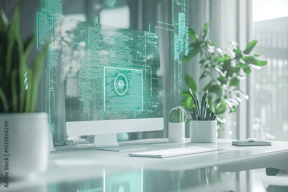 Poster encrypted data visualized through floating holograms in serene settings.