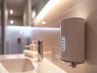 Installing modern hand soap dispenser in a clean bathroom area