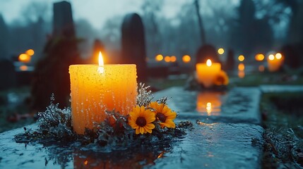 Silent Tribute Gathering for Departed Souls with Glowing Candles and Flowers Photo