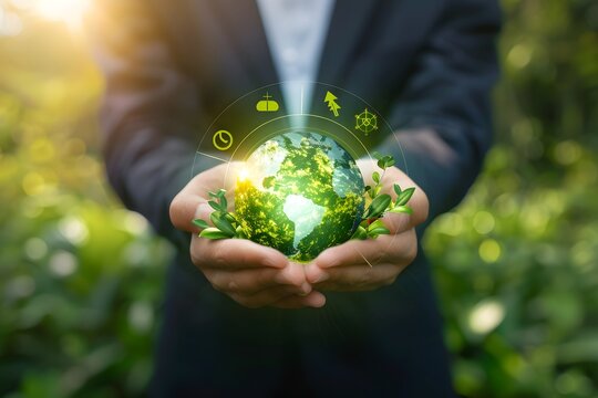 Sustainable Business Concept: Hands Holding Glowing Earth Globe with Green Energy Icons - Powered by Adobe