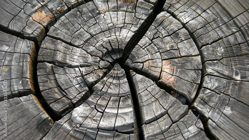 Poster close up view of weathered tree stump reveals intricate rings and cracks, showcasing natural texture