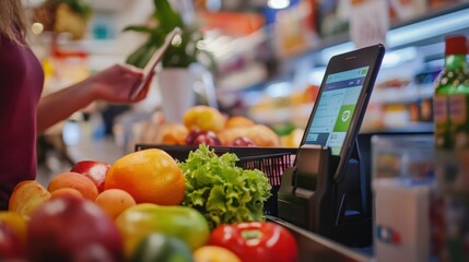 Digital Payment at Grocer: A modern supermarket checkout scene with an individual interacting with a digital payment system, surrounded by fresh produce, suggesting convenience.