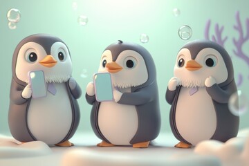 Fototapeta premium Three adorable penguins in suits use smartphones, surrounded by bubbles in a whimsical scene.
