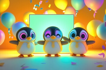 Three adorable penguins in ties celebrate with colorful balloons and confetti.