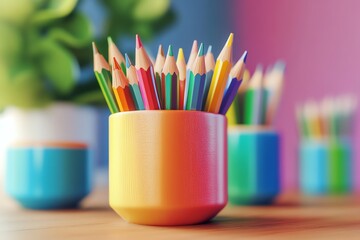 Fototapeta premium Colored Pencils in a Cup on Wooden Desk Close Up View