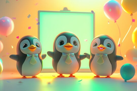 Three adorable penguins in ties celebrate with balloons and confetti near a green board. - Powered by Adobe
