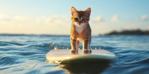Kitten's Surfing Adventure: A delightful kitten balances gracefully on a surfboard amidst gentle ocean waves, capturing a moment of pure joy.