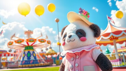 Fototapeta premium Cute panda bear plush toy at amusement park on sunny day