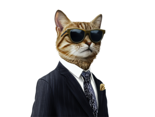 Isolated Fashionable Cat in Pinstripe Suit and Sunglasses