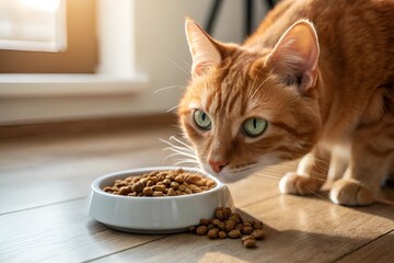 Orange Tabby Cat Eating Kibble – Cozy Indoor Close-Up